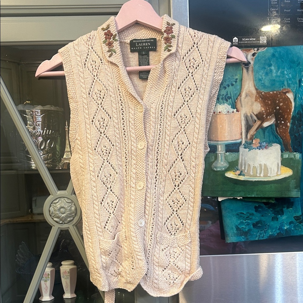 Vintage Lauren Ralph Lauren Cream Floral Linen Sweater Vest Small